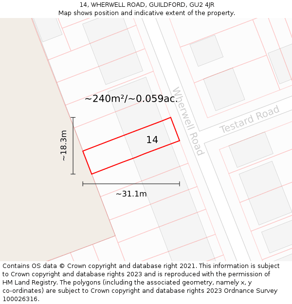 14, WHERWELL ROAD, GUILDFORD, GU2 4JR: Plot and title map