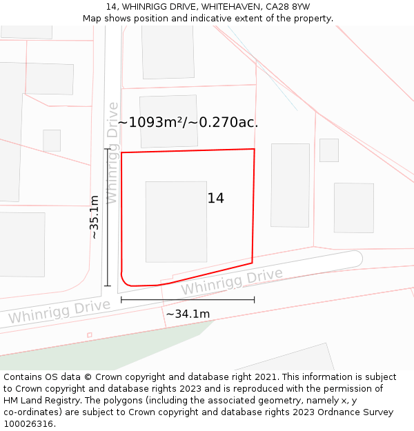 14, WHINRIGG DRIVE, WHITEHAVEN, CA28 8YW: Plot and title map