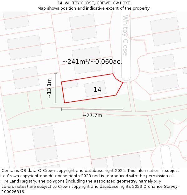 14, WHITBY CLOSE, CREWE, CW1 3XB: Plot and title map