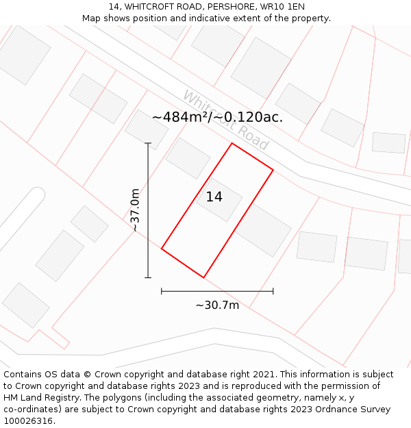 14, WHITCROFT ROAD, PERSHORE, WR10 1EN: Plot and title map