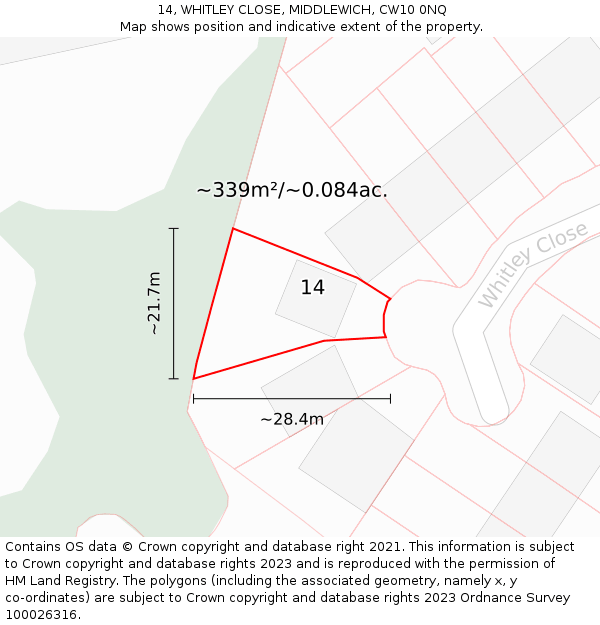 14, WHITLEY CLOSE, MIDDLEWICH, CW10 0NQ: Plot and title map