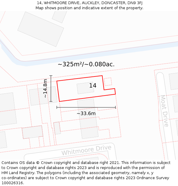 14, WHITMOORE DRIVE, AUCKLEY, DONCASTER, DN9 3FJ: Plot and title map