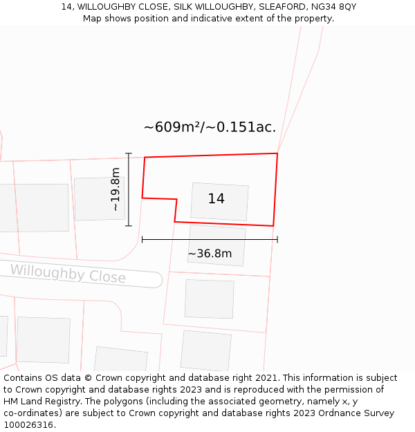 14, WILLOUGHBY CLOSE, SILK WILLOUGHBY, SLEAFORD, NG34 8QY: Plot and title map