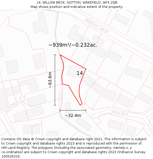 14, WILLOW BECK, NOTTON, WAKEFIELD, WF4 2QB: Plot and title map