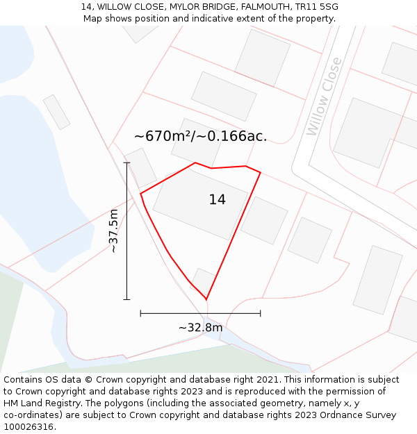 14, WILLOW CLOSE, MYLOR BRIDGE, FALMOUTH, TR11 5SG: Plot and title map