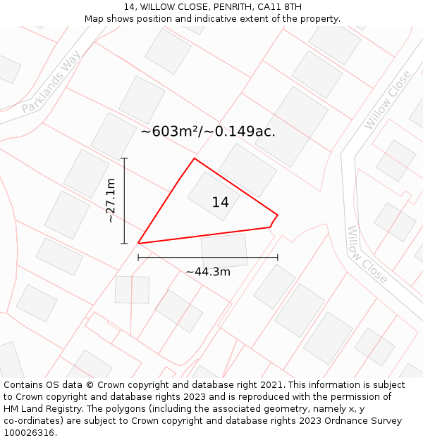 14, WILLOW CLOSE, PENRITH, CA11 8TH: Plot and title map