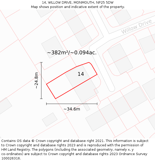 14, WILLOW DRIVE, MONMOUTH, NP25 5DW: Plot and title map