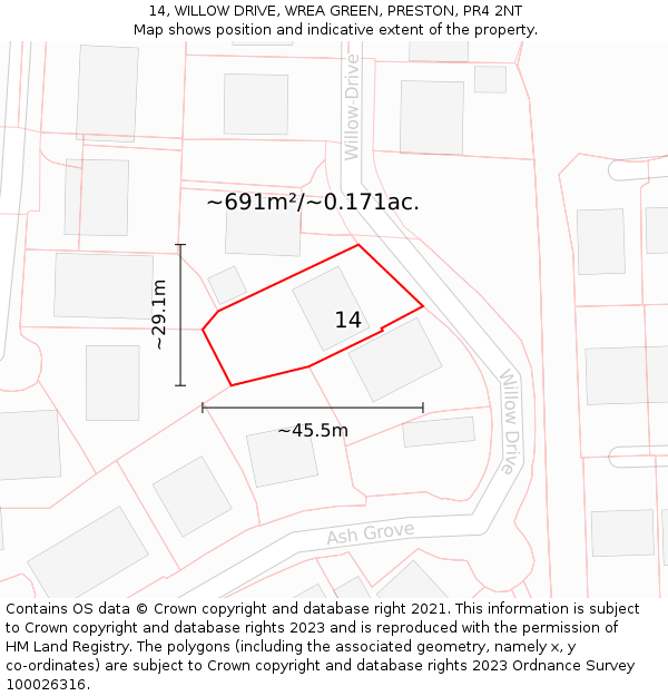 14, WILLOW DRIVE, WREA GREEN, PRESTON, PR4 2NT: Plot and title map