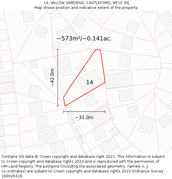 14, WILLOW GARDENS, CASTLEFORD, WF10 3SJ: Plot and title map