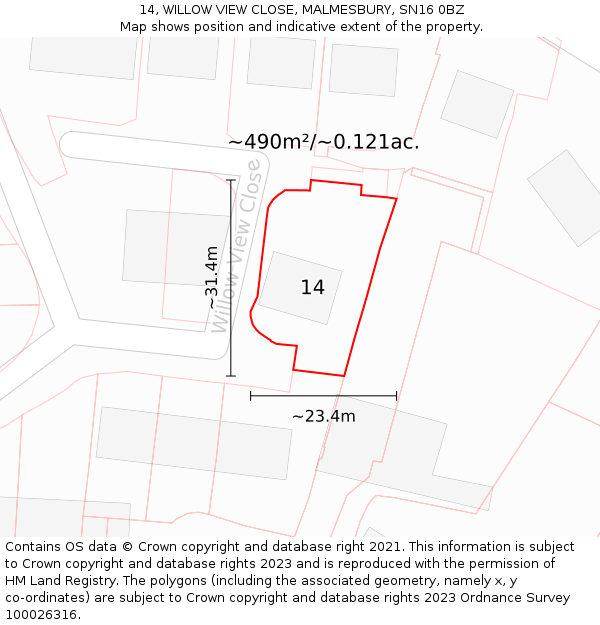 14, WILLOW VIEW CLOSE, MALMESBURY, SN16 0BZ: Plot and title map