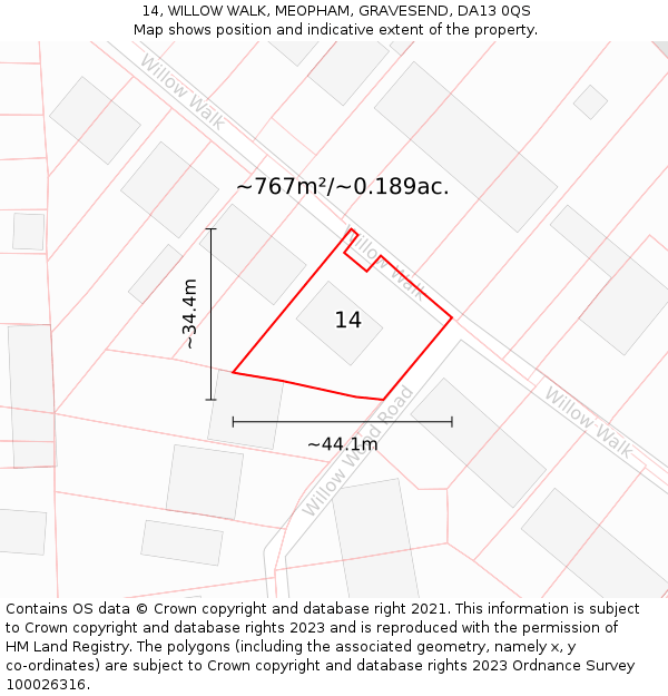 14, WILLOW WALK, MEOPHAM, GRAVESEND, DA13 0QS: Plot and title map