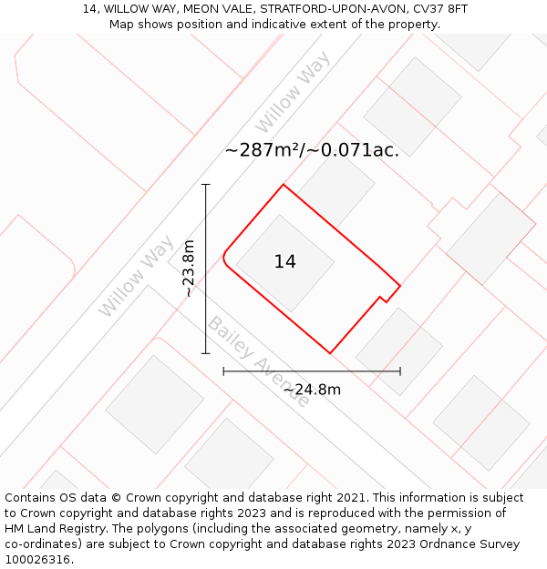 14, WILLOW WAY, MEON VALE, STRATFORD-UPON-AVON, CV37 8FT: Plot and title map