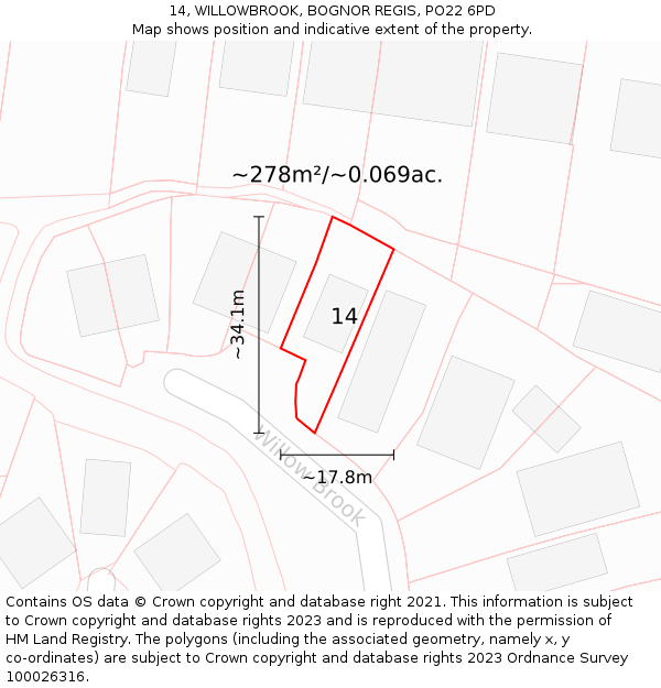 14, WILLOWBROOK, BOGNOR REGIS, PO22 6PD: Plot and title map