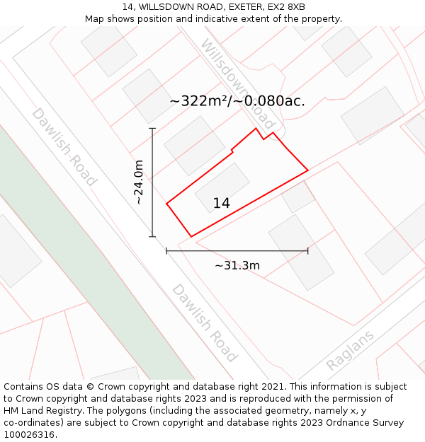 14, WILLSDOWN ROAD, EXETER, EX2 8XB: Plot and title map