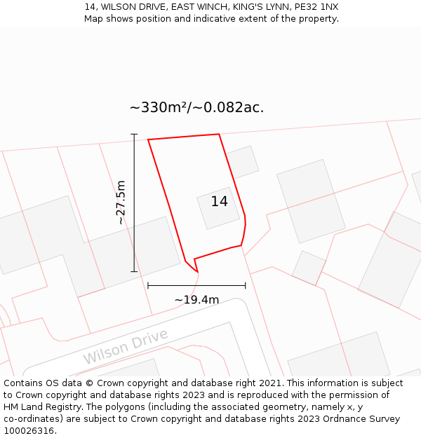 14, WILSON DRIVE, EAST WINCH, KING'S LYNN, PE32 1NX: Plot and title map