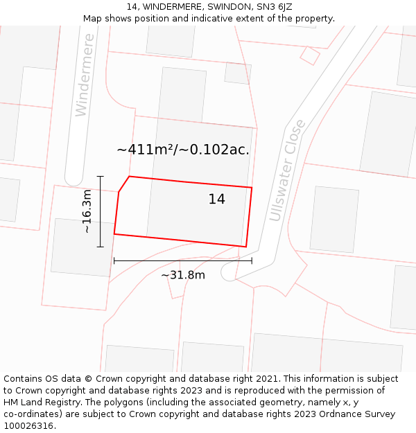 14, WINDERMERE, SWINDON, SN3 6JZ: Plot and title map