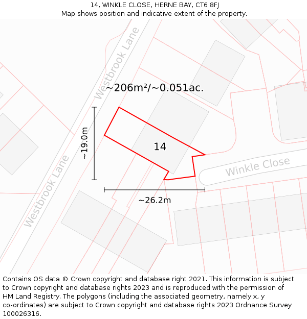 14, WINKLE CLOSE, HERNE BAY, CT6 8FJ: Plot and title map