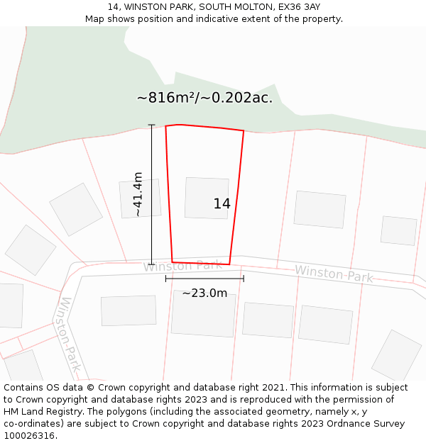 14, WINSTON PARK, SOUTH MOLTON, EX36 3AY: Plot and title map