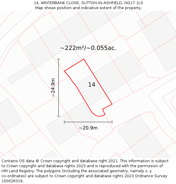 14, WINTERBANK CLOSE, SUTTON-IN-ASHFIELD, NG17 1LS: Plot and title map