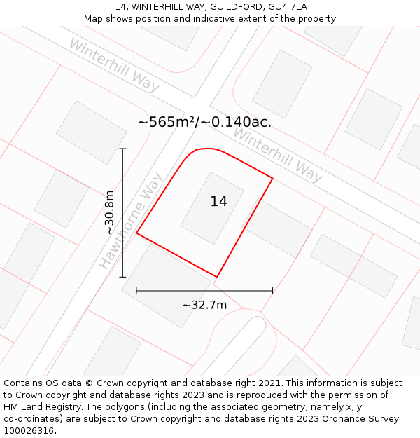 14, WINTERHILL WAY, GUILDFORD, GU4 7LA: Plot and title map