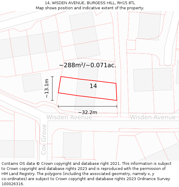 14, WISDEN AVENUE, BURGESS HILL, RH15 8TL: Plot and title map