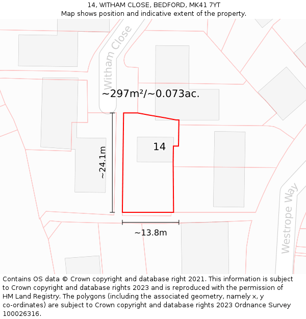 14, WITHAM CLOSE, BEDFORD, MK41 7YT: Plot and title map