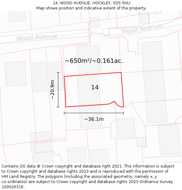 14, WOOD AVENUE, HOCKLEY, SS5 5NU: Plot and title map