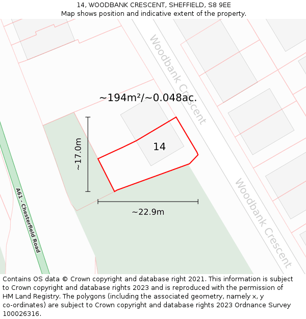 14, WOODBANK CRESCENT, SHEFFIELD, S8 9EE: Plot and title map