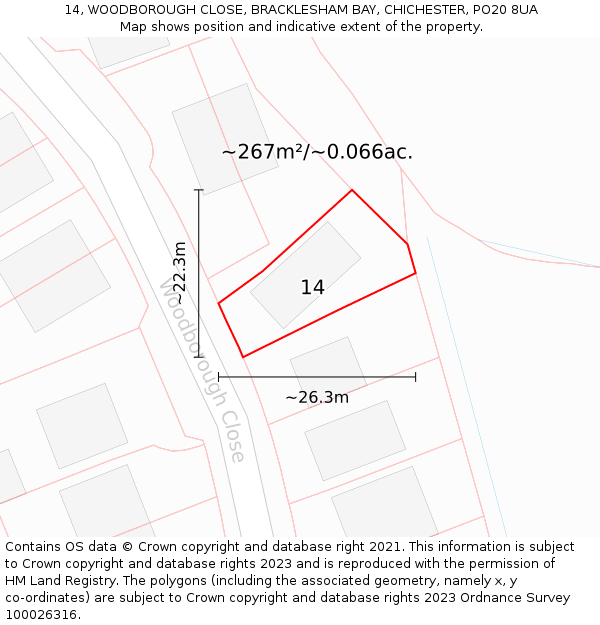 14, WOODBOROUGH CLOSE, BRACKLESHAM BAY, CHICHESTER, PO20 8UA: Plot and title map