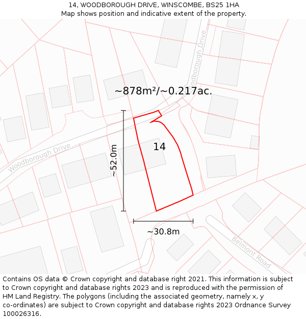 14, WOODBOROUGH DRIVE, WINSCOMBE, BS25 1HA: Plot and title map