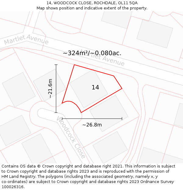 14, WOODCOCK CLOSE, ROCHDALE, OL11 5QA: Plot and title map