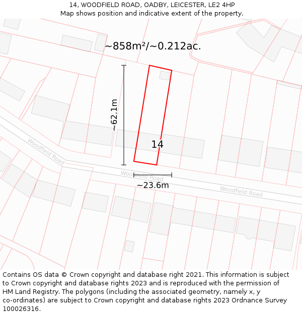 14, WOODFIELD ROAD, OADBY, LEICESTER, LE2 4HP: Plot and title map