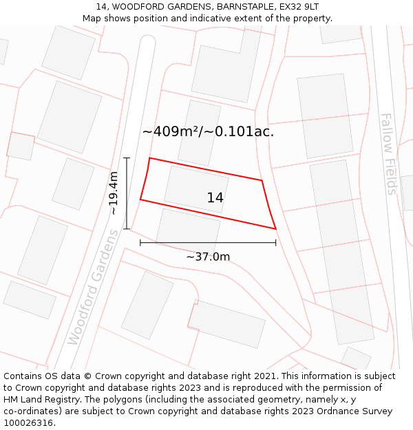 14, WOODFORD GARDENS, BARNSTAPLE, EX32 9LT: Plot and title map