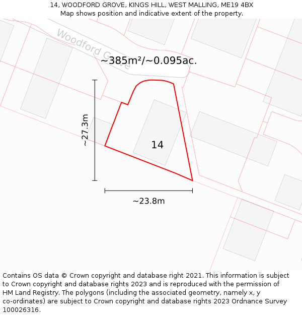 14, WOODFORD GROVE, KINGS HILL, WEST MALLING, ME19 4BX: Plot and title map