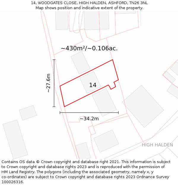 14, WOODGATES CLOSE, HIGH HALDEN, ASHFORD, TN26 3NL: Plot and title map