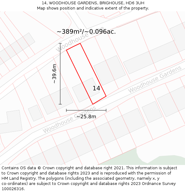 14, WOODHOUSE GARDENS, BRIGHOUSE, HD6 3UH: Plot and title map