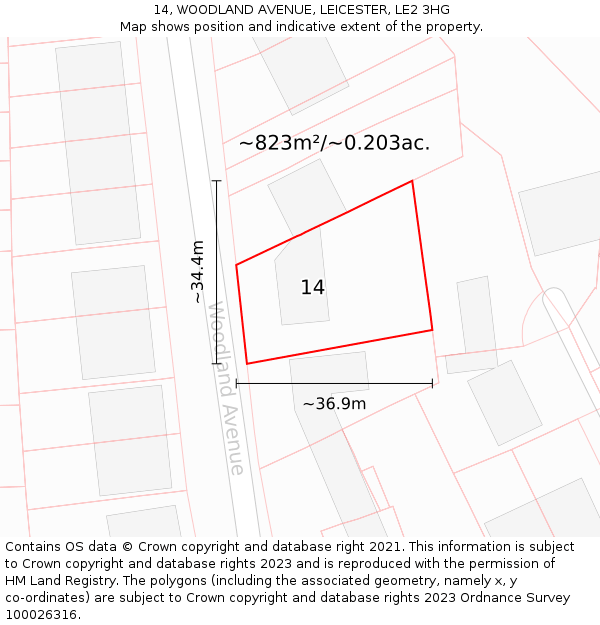 14, WOODLAND AVENUE, LEICESTER, LE2 3HG: Plot and title map