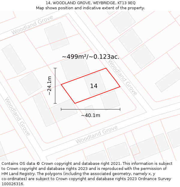 14, WOODLAND GROVE, WEYBRIDGE, KT13 9EQ: Plot and title map