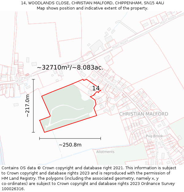 14, WOODLANDS CLOSE, CHRISTIAN MALFORD, CHIPPENHAM, SN15 4AU: Plot and title map