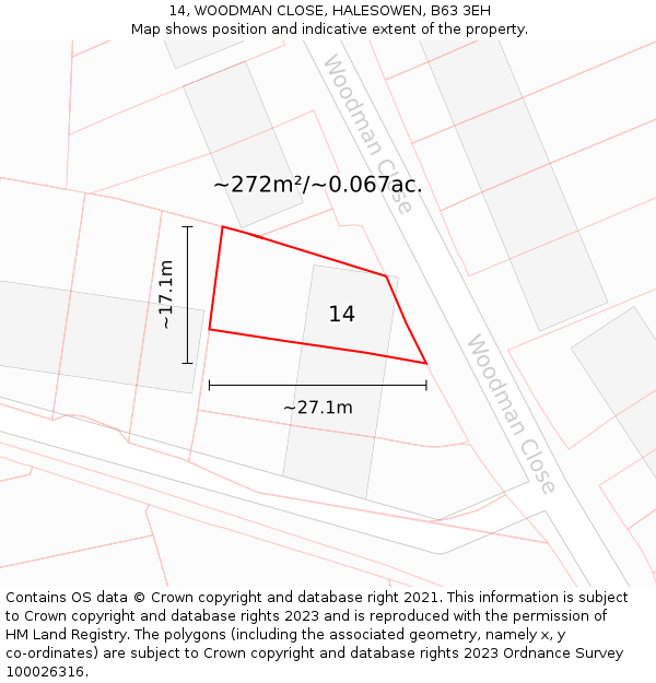 14, WOODMAN CLOSE, HALESOWEN, B63 3EH: Plot and title map