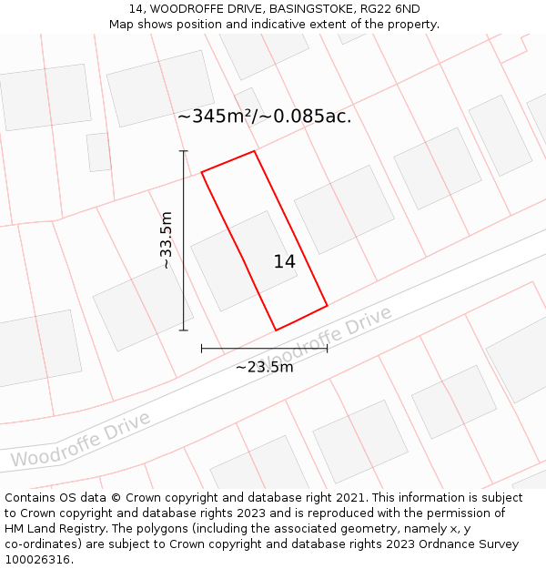 14, WOODROFFE DRIVE, BASINGSTOKE, RG22 6ND: Plot and title map