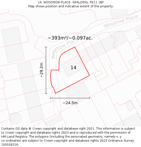 14, WOODROW PLACE, SPALDING, PE11 1BF: Plot and title map