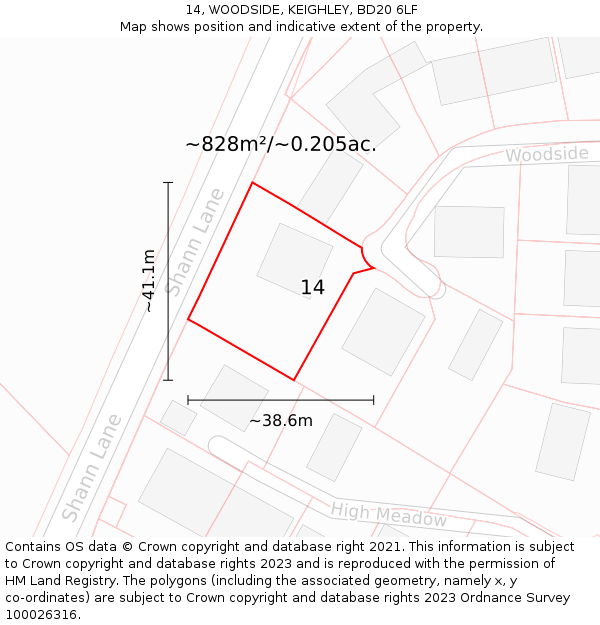 14, WOODSIDE, KEIGHLEY, BD20 6LF: Plot and title map