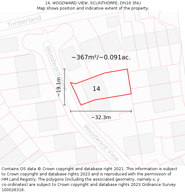 14, WOODWARD VIEW, SCUNTHORPE, DN16 3NU: Plot and title map