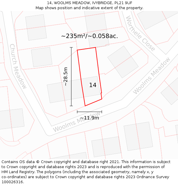 14, WOOLMS MEADOW, IVYBRIDGE, PL21 9UF: Plot and title map