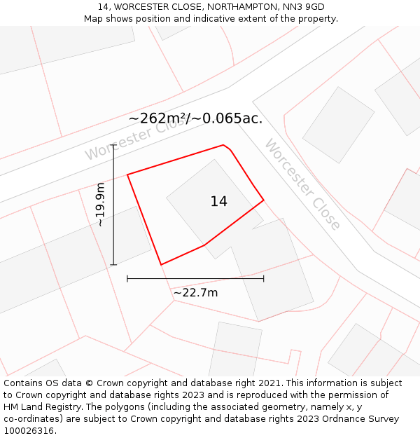 14, WORCESTER CLOSE, NORTHAMPTON, NN3 9GD: Plot and title map