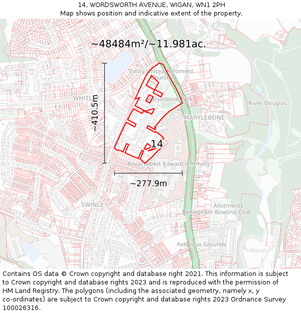 14, WORDSWORTH AVENUE, WIGAN, WN1 2PH: Plot and title map