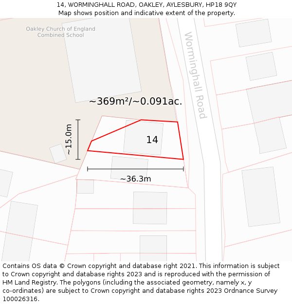 14, WORMINGHALL ROAD, OAKLEY, AYLESBURY, HP18 9QY: Plot and title map