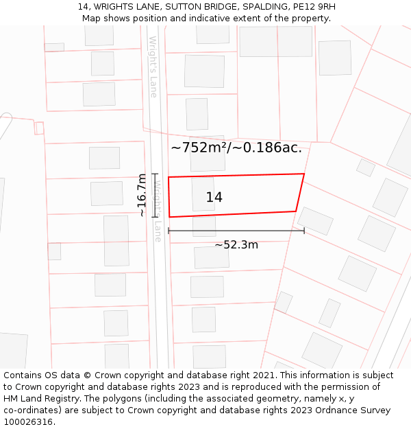 14, WRIGHTS LANE, SUTTON BRIDGE, SPALDING, PE12 9RH: Plot and title map