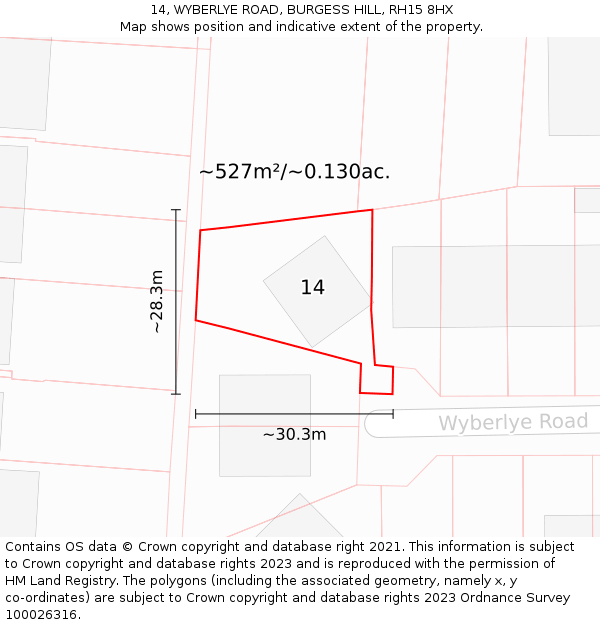 14, WYBERLYE ROAD, BURGESS HILL, RH15 8HX: Plot and title map